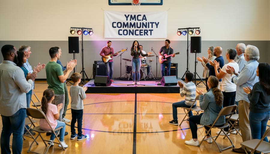 A live band performing on a YMCA stage with audience silhouettes in the background