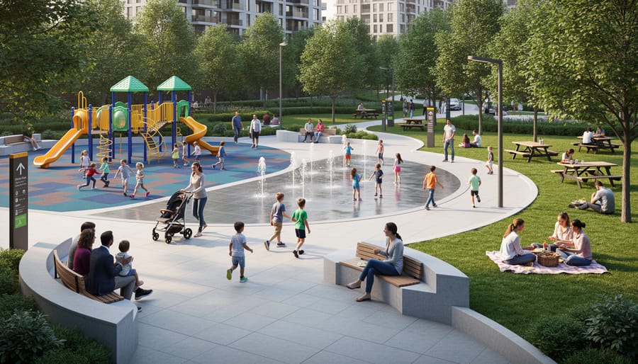 Families relaxing and kids playing in the central gathering area of 4 Corners Park