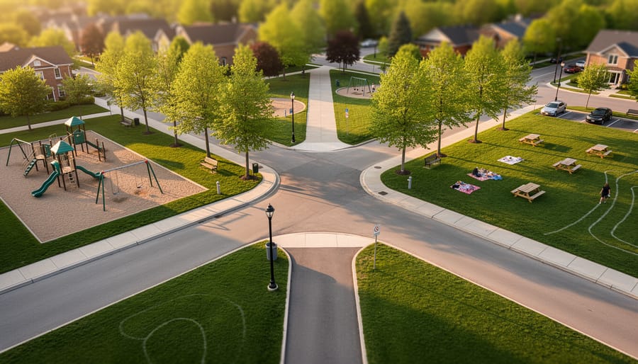 Wide view of 4 Corners Park in Cobourg featuring a central intersection with playground equipment, shaded benches under trees, and surrounding green spaces.