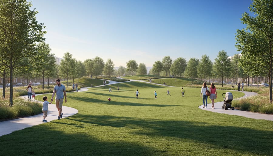 Overhead view of open grassy space in the Fourth Quadrant of 4 Corners Park