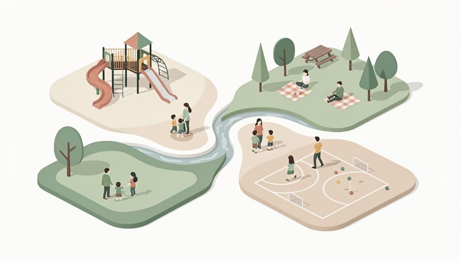 Ground-level view of pathways connecting different play areas within 4 Corners Park