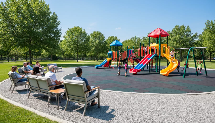 Bench and playground set in the Right Side Park Area of 4 Corners Park