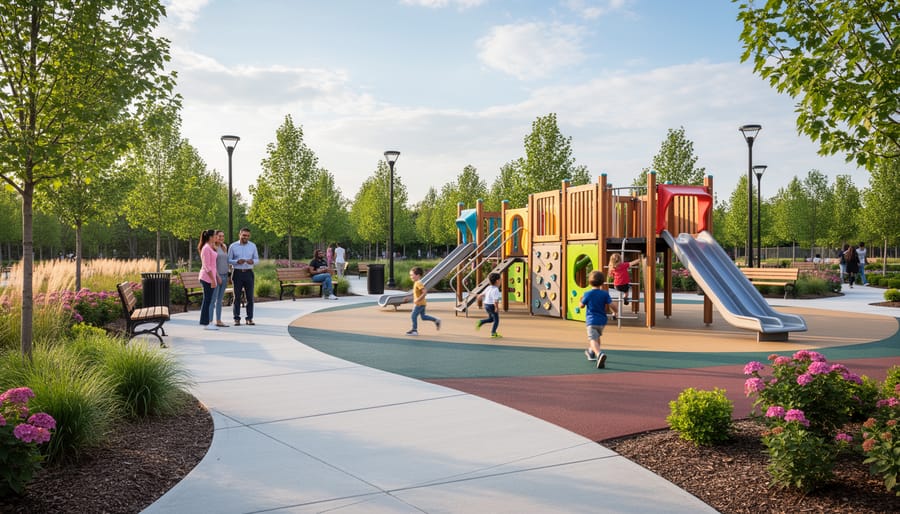 Playground equipment and young trees in the Southeast Corner Area of 4 Corners Park in Cobourg
