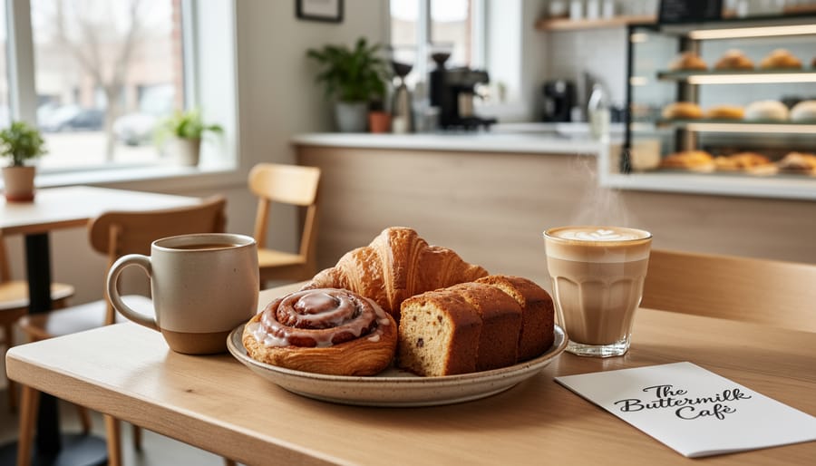 Cozy café table with latte and house-made pastries in the background at The Buttermilk Café
