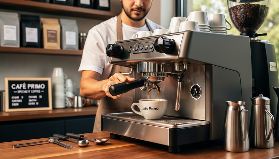 Barista’s hands pulling espresso on a stainless espresso machine at Café Primo