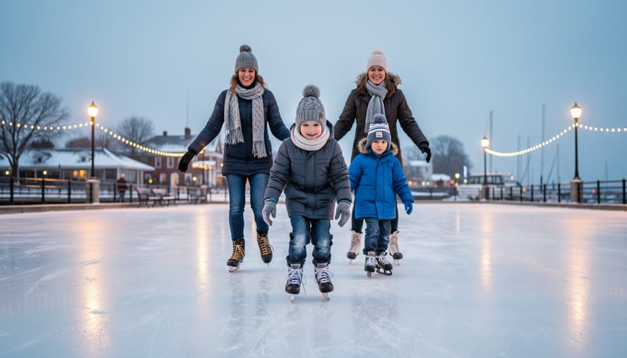 Family skating on the Rotary Harbourfront Outdoor Rink at the Cobourg waterfront during winter evening with harbor lights in the background.