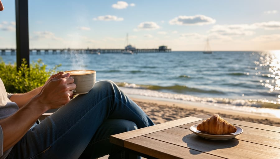 Steaming coffee mug on a patio table with a view of Lake Ontario in Cobourg