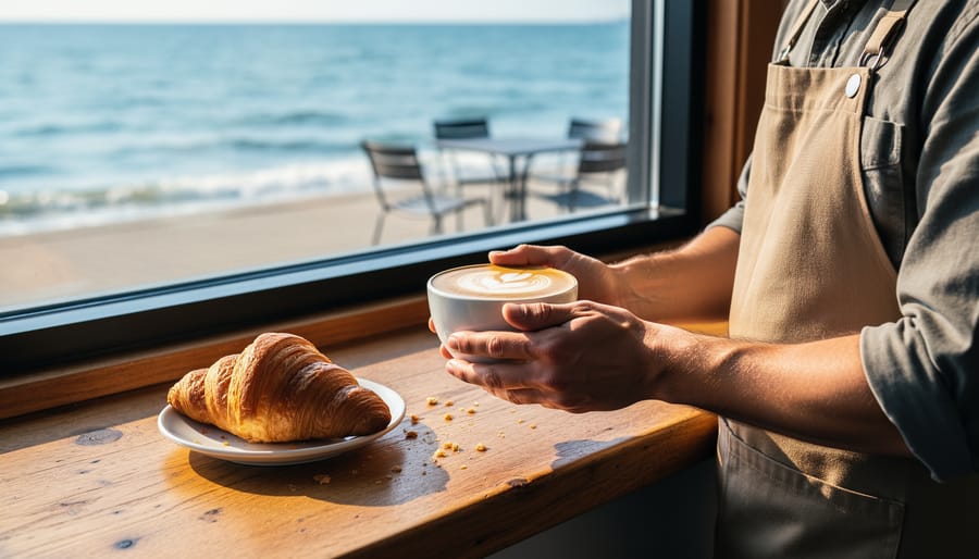 A ceramic latte on a wooden counter inside a cozy waterfront coffee shop in Cobourg, with a view of Lake Ontario waves through the window.