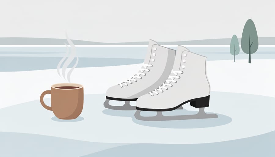 Ice skates and a warm drink on a bench with harbour lights in the background