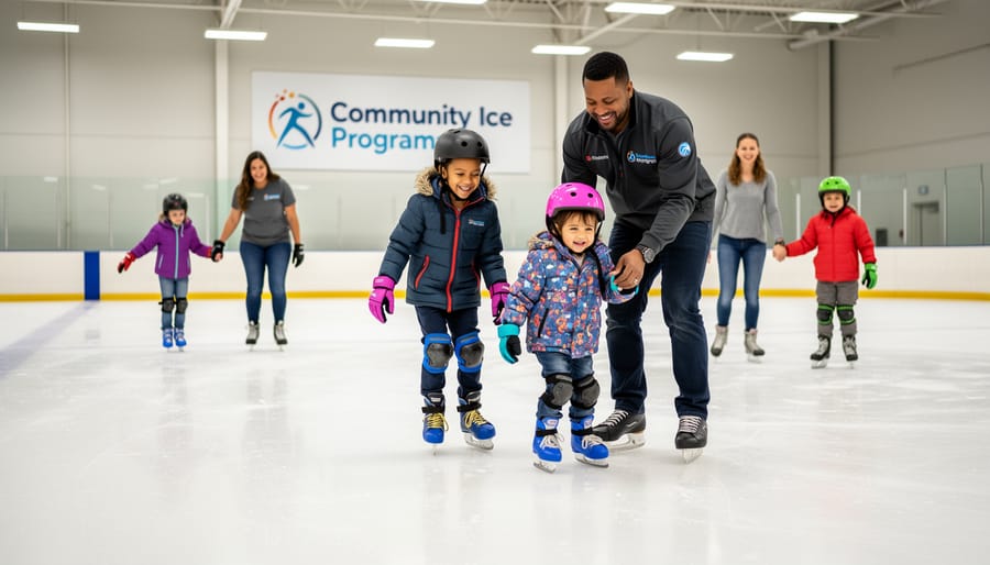 Family members and a coach helping children skate at the community centre ice rink