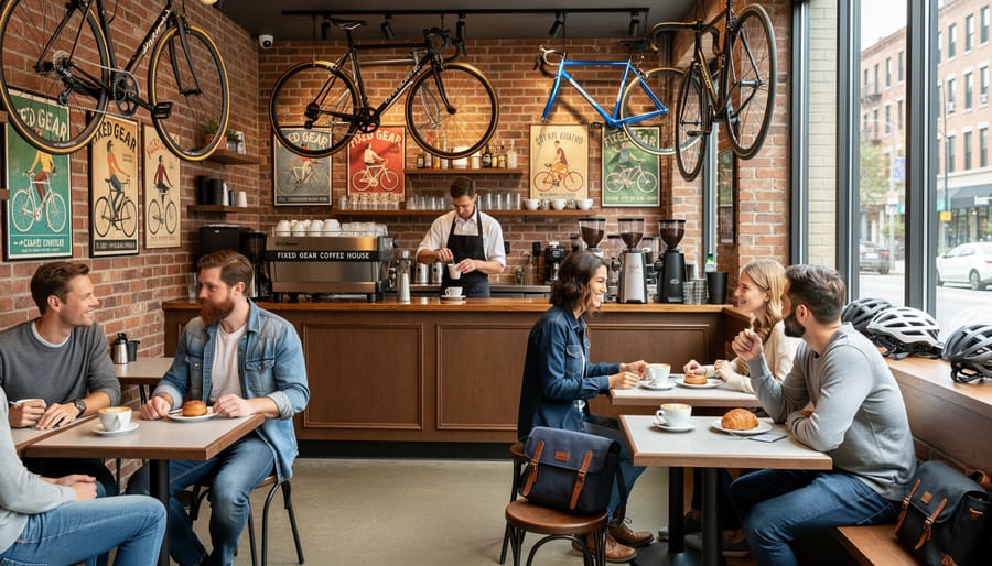 Cycling-themed café corner with bike decor and a coffee cup at Fixed Gear Coffee House