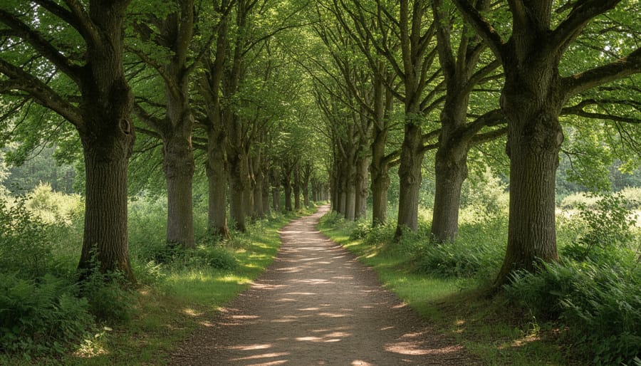 View of a quiet woodland trail under a dense forest canopy with dappled sunlight filtering through trees