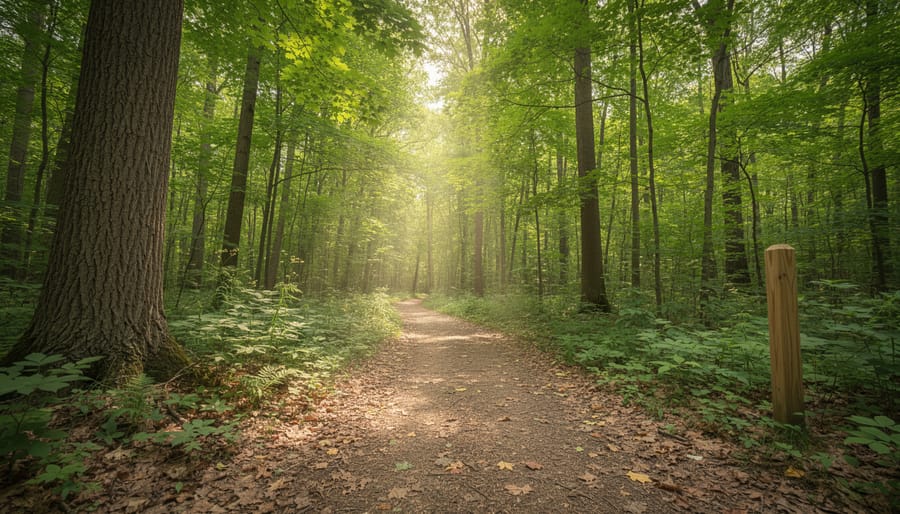 Wide view of a forest trail at Koobs Nature Area with hikers walking along a winding path