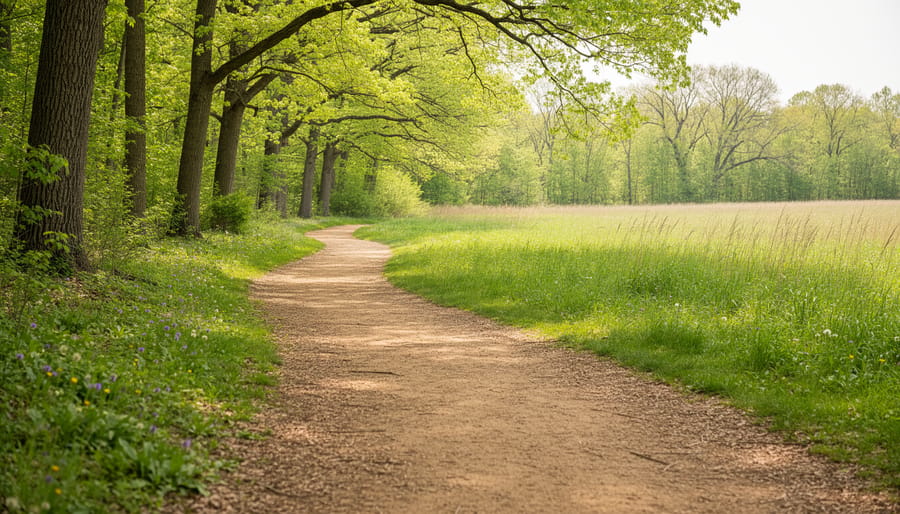 “Well-maintained nature trail at Koobs Nature Area surrounded by green trees and an open meadow with wildflowers in the distance.”