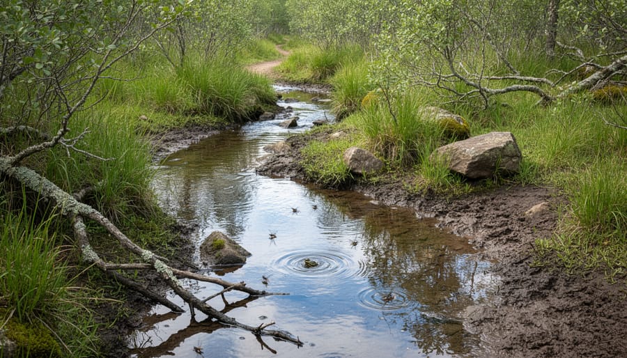 Creek and marsh grasses at the edge of a wetland with reflective water and wetland plants