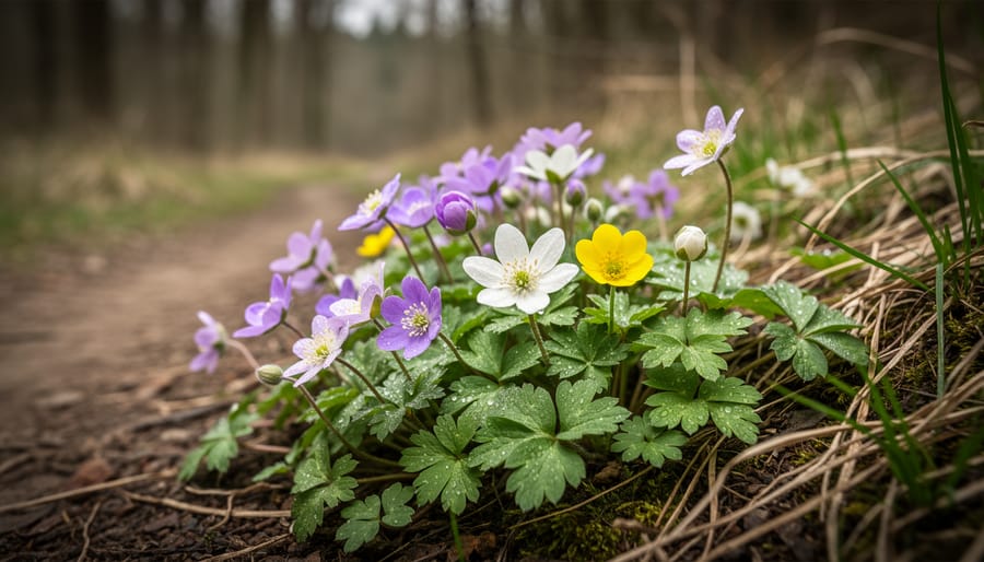 Spring wildflowers blooming on a forest floor with leaf litter and soft green background