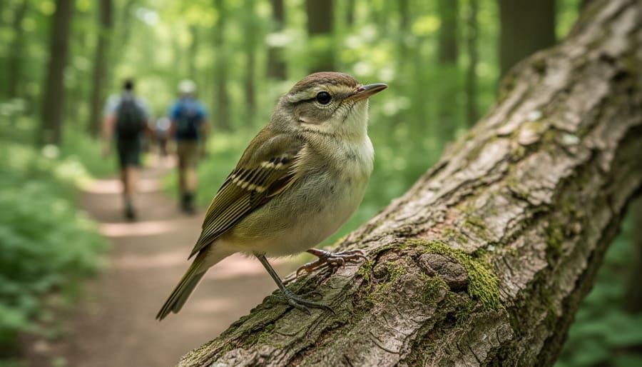 Small songbird perched on a branch near the forest trail with blurred woodland background