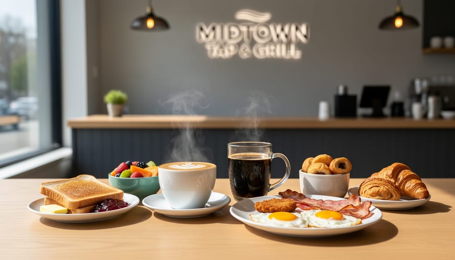 Latte and breakfast plate on a table in the café side of Midtown Tap & Grill