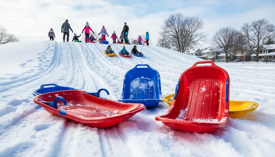 Sleds and footprints on a snowy hill suitable for tobogganing in Cobourg