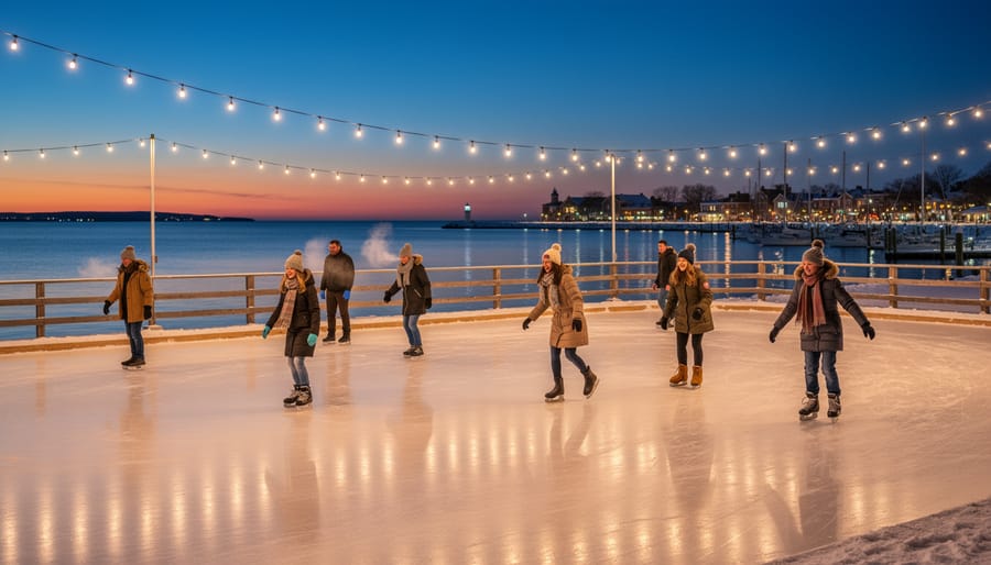 People skating on an outdoor rink at the Cobourg harbourfront at night