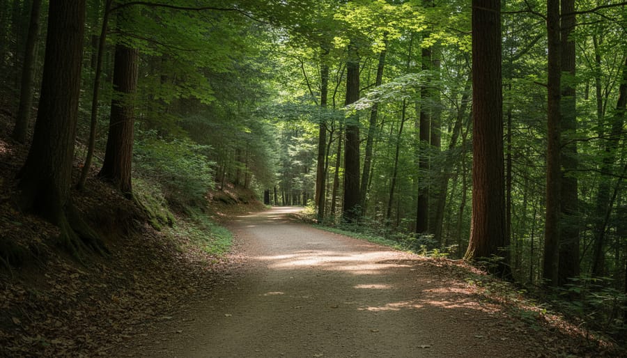 Forest canopy over a dirt hiking trail with hikers walking under trees