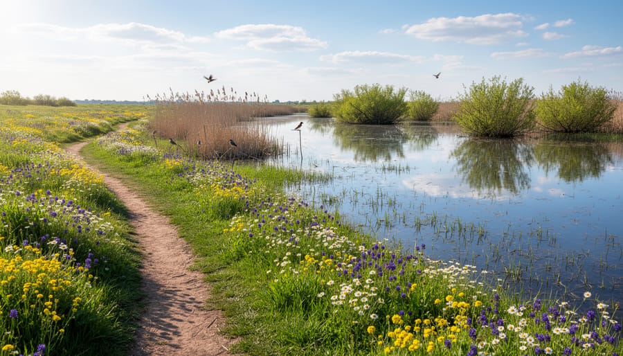Meadow grasses and wildflowers beside a reflective wetland pond at golden hour