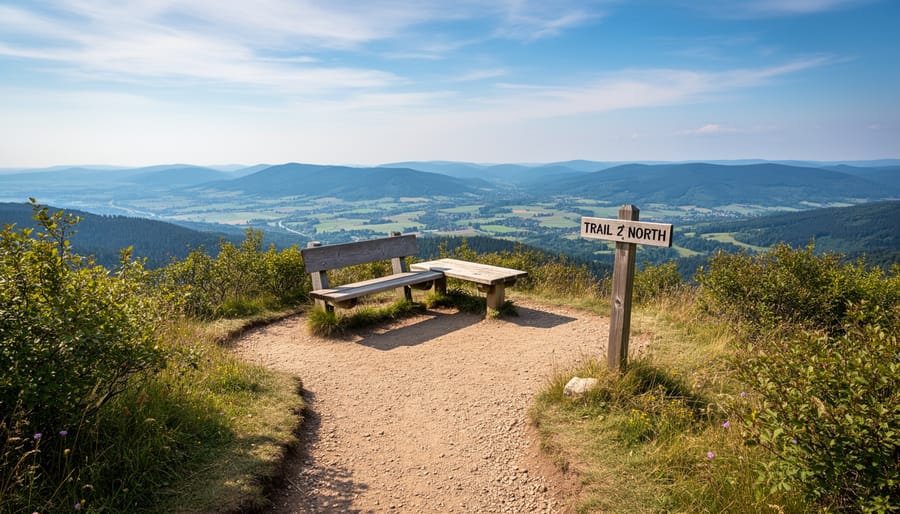 Hiker resting at a natural overlook with a wide view over the forest