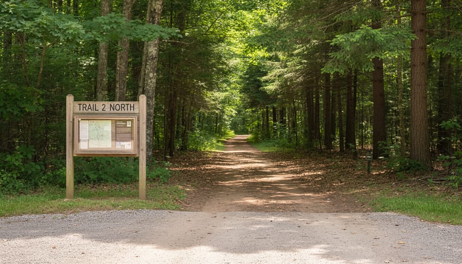 Trailhead entrance of Trail 2 North leading into a wooded area