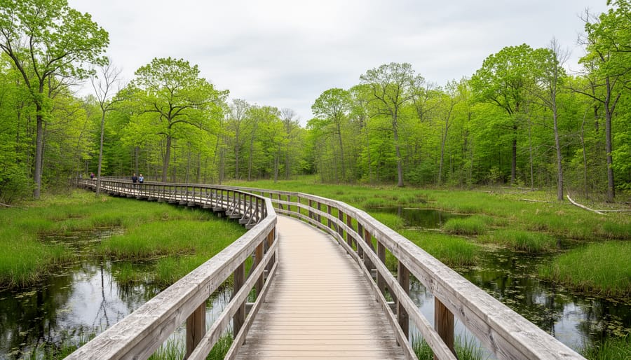 Wooden boardwalk leading along a hiking trail through a marsh wetland and mixed hardwood forest at Trail 2 North.