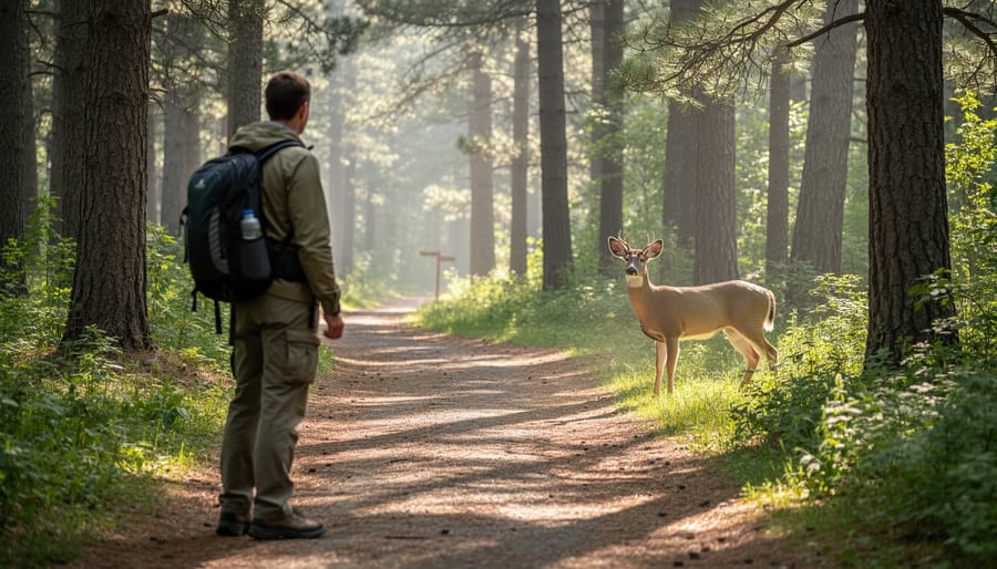 White-tailed deer partially hidden in ferns beside a hiking trail
