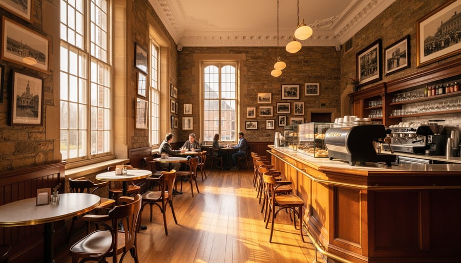 Cappuccino on a wooden table inside Victoria Hall Coffee House with warm window light