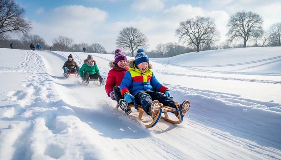 A family sledding down the toboggan hill at Victoria Park in Cobourg