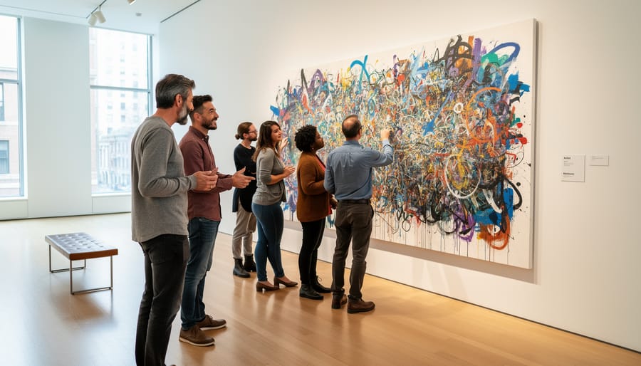 Visitor viewing a featured contemporary artwork inside b contemporary gallery with another framed piece blurred in the background.