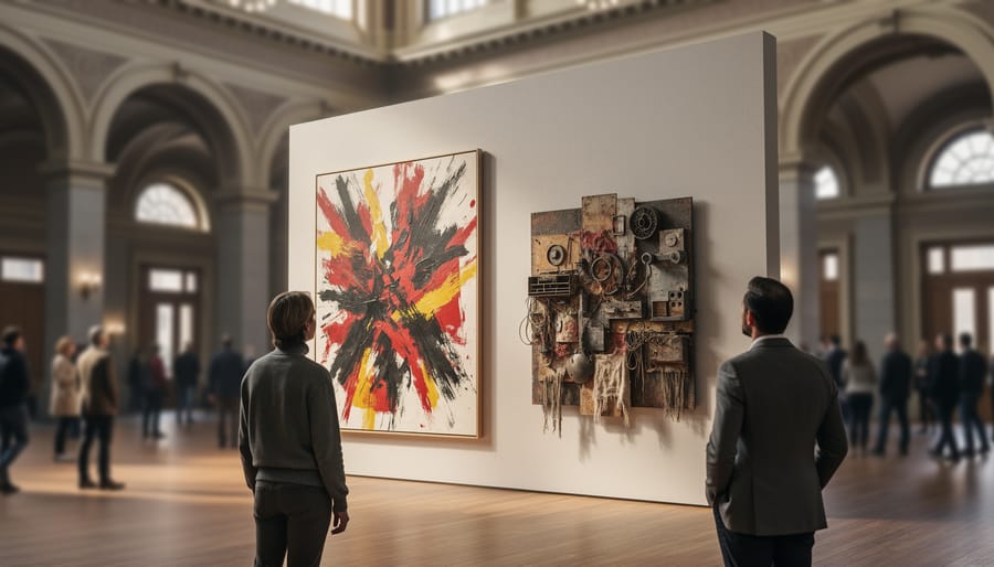 Visitors viewing contemporary abstract and mixed-media artworks inside b contemporary gallery within Victoria Hall’s historic interior.