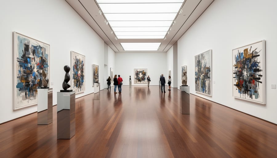 View inside the main exhibition space of b contemporary gallery with framed contemporary artworks on white walls.