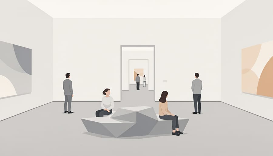 Person holding a blank gallery guide brochure in a bright gallery foyer with artworks blurred in the background.
