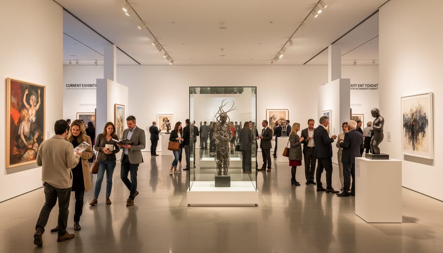 Guests chatting during a contemporary gallery event inside b contemporary gallery with artworks on the walls behind them.