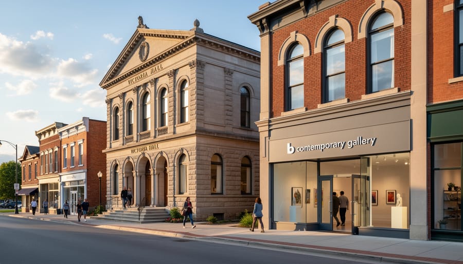Exterior view of the historic Victoria Hall area in Cobourg near the arts entrance for b contemporary gallery.