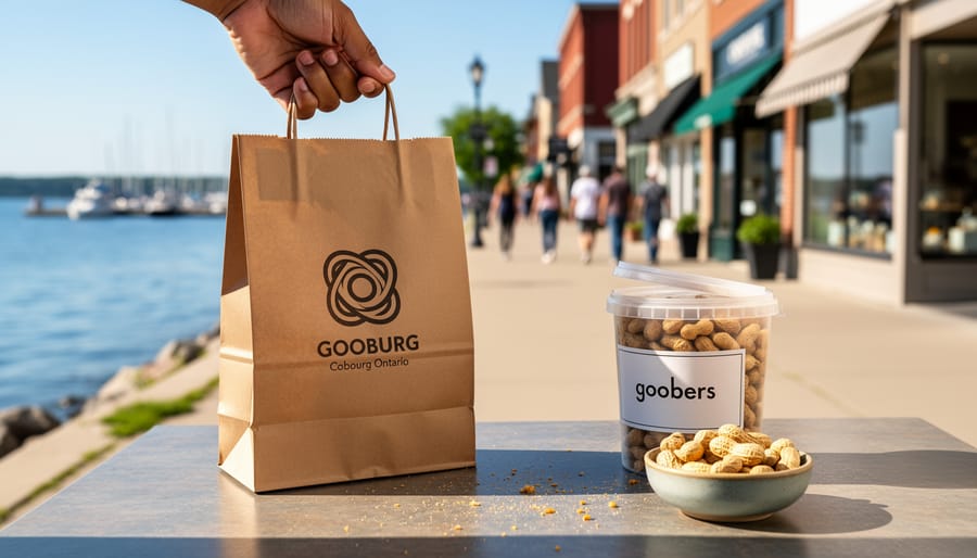 Takeout delivery bag with peanuts on a table near the waterfront in Cobourg, Ontario.