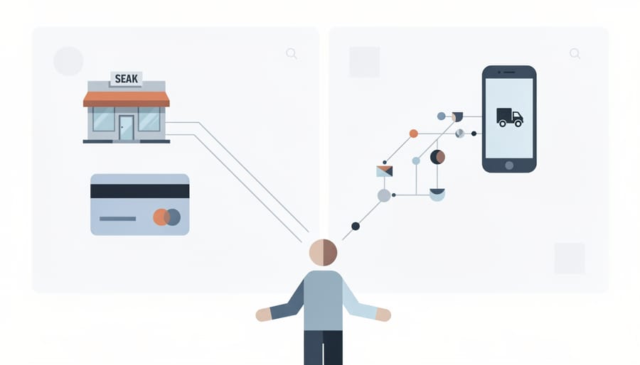 Person holding a credit card and using a phone above a kitchen counter to represent choosing an ordering method