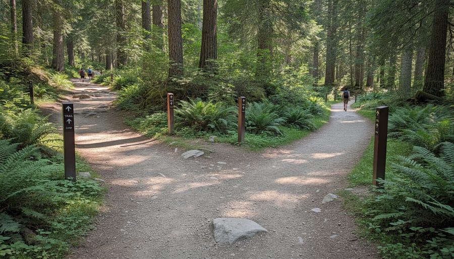 Forking forest trails near the Joffre Street Trailhead area