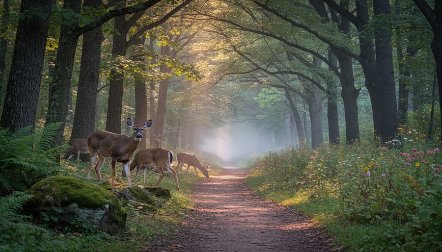 White-tailed deer near low grasses and wildflowers along a forest trail