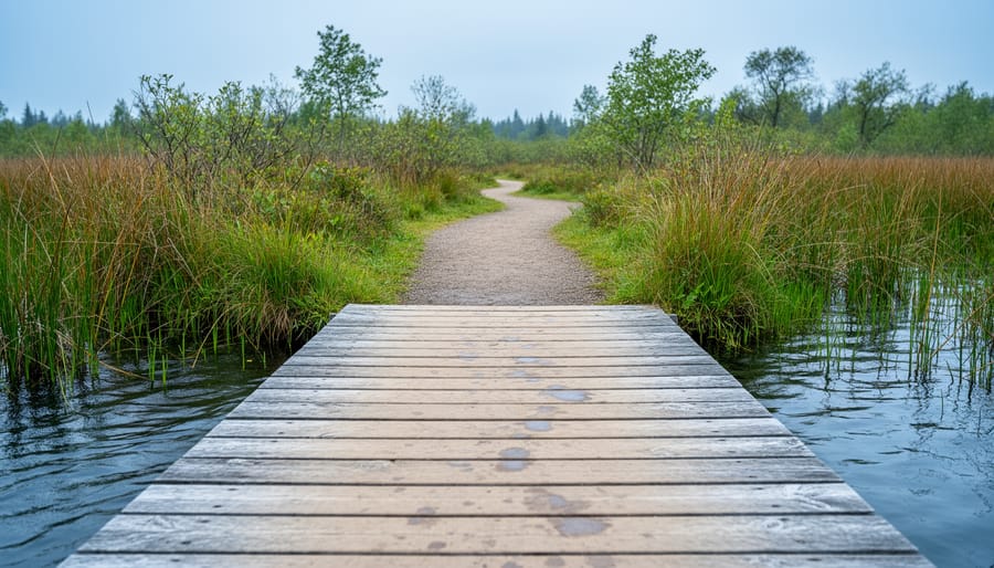 Wooden boardwalk trail crossing marshland at Cobourg’s Joffre Street Trailhead, with a level path continuing into wetland and forest scenery.