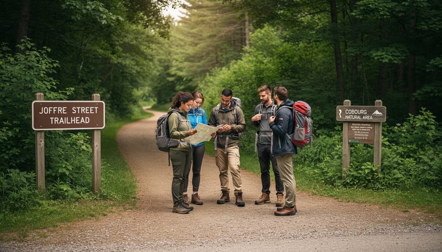 Hikers at the Joffre Street Trailhead with a trail path leading into the forest