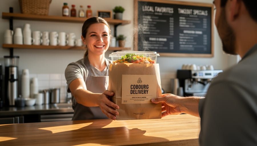 Server handing a takeout bag to a customer at a local restaurant counter