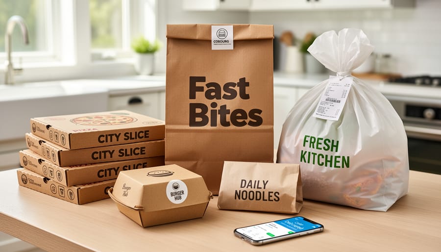 Sealed takeout containers and delivery bags arranged on a table symbolizing national chain delivery options