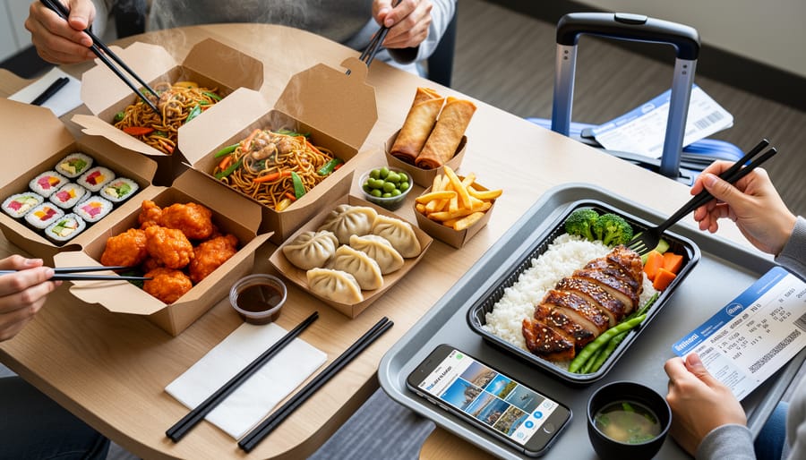 Asian cuisine takeout assortment with fried rice, spring rolls, and chopsticks