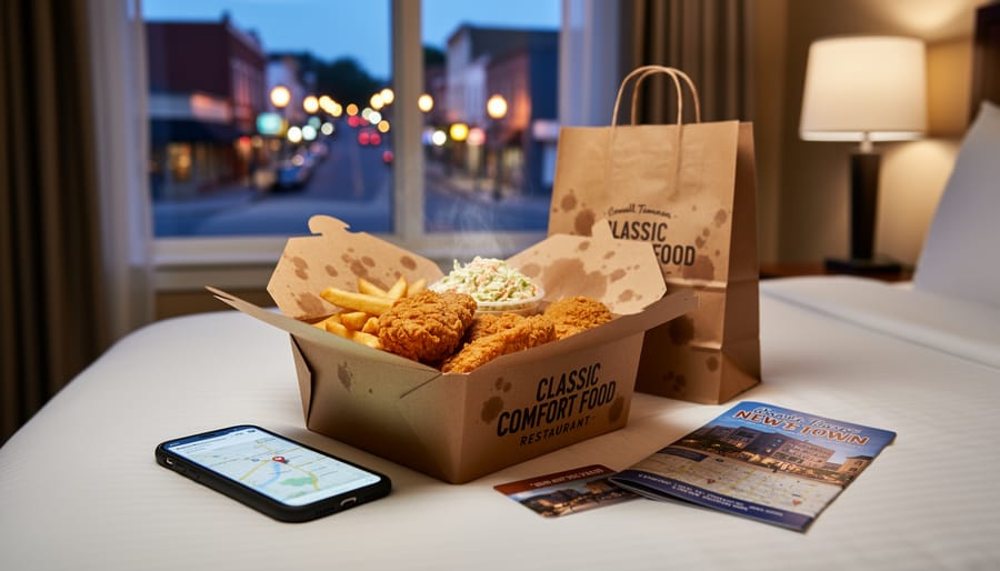 Wrapped burger and fries for casual dining takeout near a waterfront window