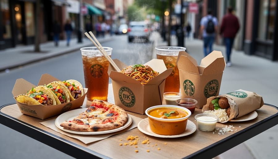 Overhead view of mixed takeout meals on a table with a softly blurred city street background