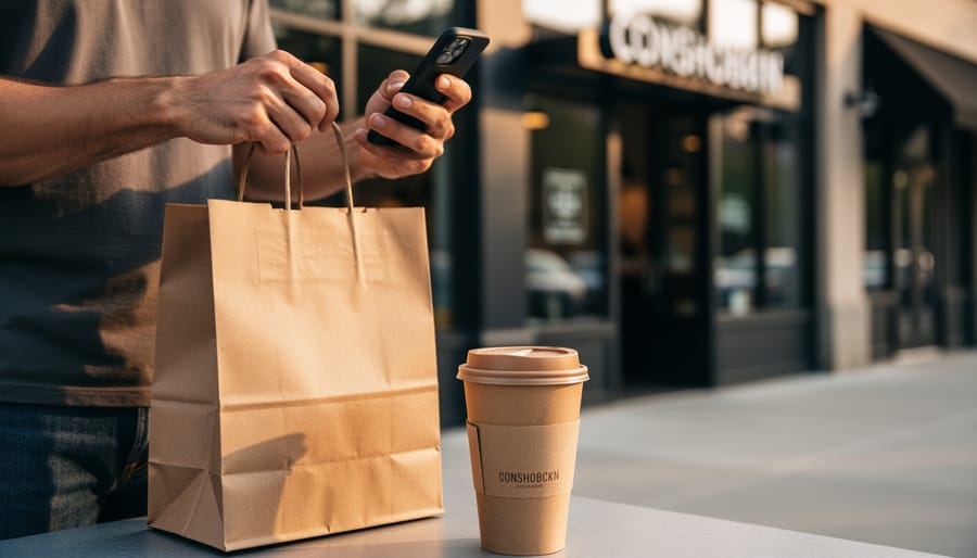 Person holding brown paper takeout bags outside a restaurant, suggesting easy delivery and pickup in Conshohocken.